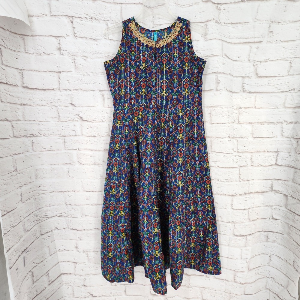 Boho Midi Dress Poplin Floral Cottage Embroidered‎ Beads Hippie Size Small